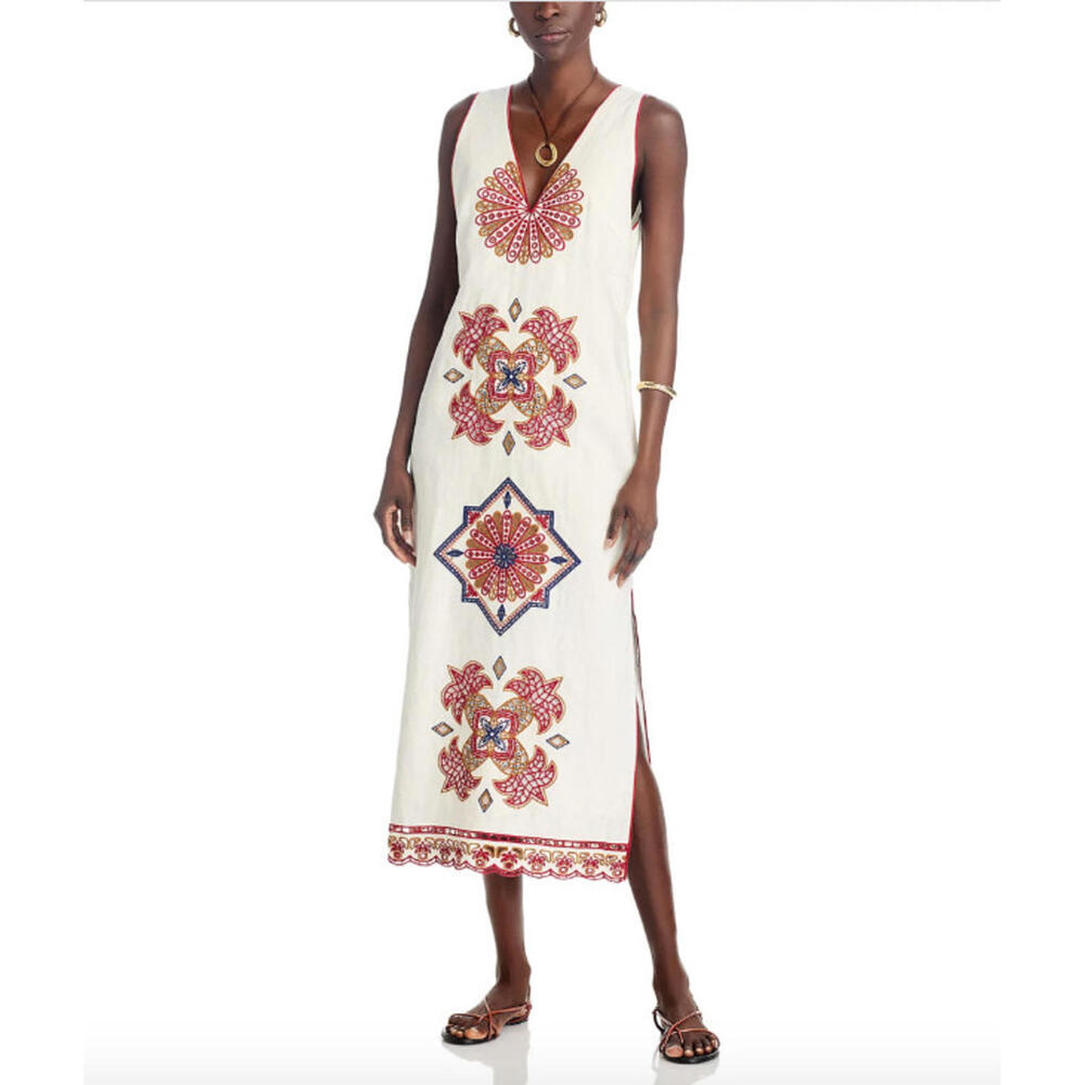FARM Rio Cream Maxi Dress with Red, Blue and Gold Embroidery